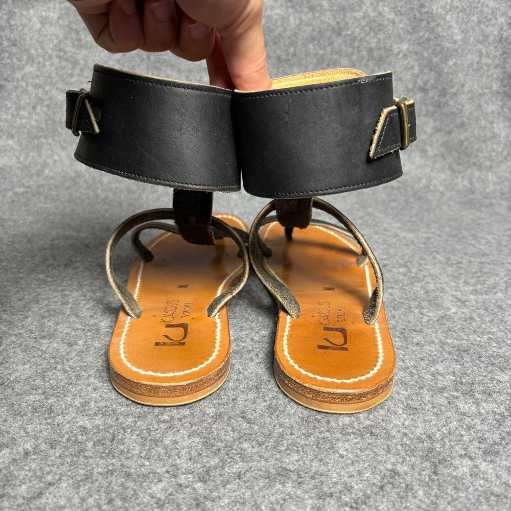 K.Jacques Setropez Black Leather Flat Gladiator Ankle Strap Sandals Womens 39
